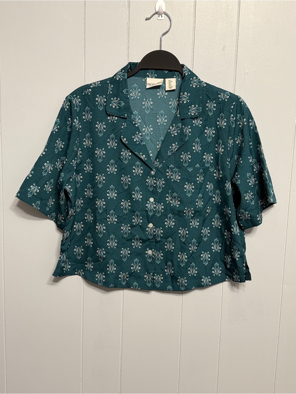 #8) Rachel Zoe Teal Print Camp Collar Crop Top